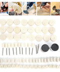 Top Notch 76 Piece Wool Polishing Wheel Set for Electric Grinder with assorted soft wool buffing wheels and shafts.