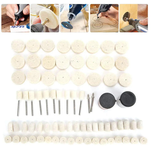 Top Notch 76 Piece Wool Polishing Wheel Set for Electric Grinder with assorted soft wool buffing wheels and shafts.