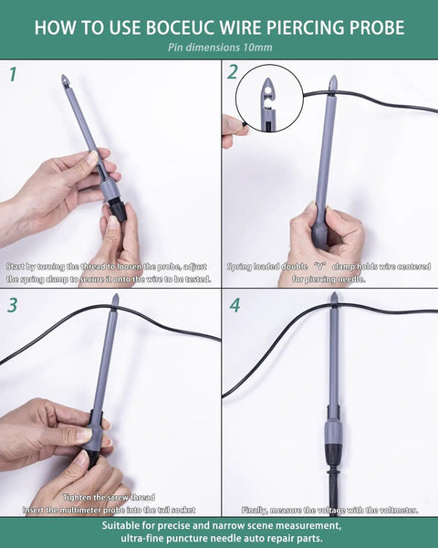 Instructions for using Heavy Duty Wire Piercing Probe Clip Set For Multimeters, 4mm Push On Banana Plug Leads, Spring Loaded V Clamp.