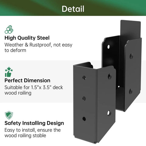 Heavy Duty 30 Degree Stair Deck Railing Brackets 304 Stainless Steel 2x4 Wood Post Connectors showing high quality black coated steel for secure installation.
