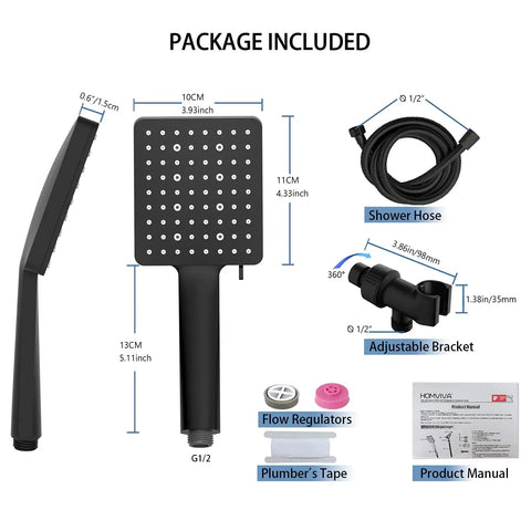 Package includes High Pressure Shower Head With Handheld Detachable System, 6 Spray Modes, 70 Inch Stainless Steel Hose, and accessories.