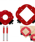 Game Changer Radius Jig Router Templates Paired With Dual Precision Trimming Cutters on a white background, heavy duty aluminum.