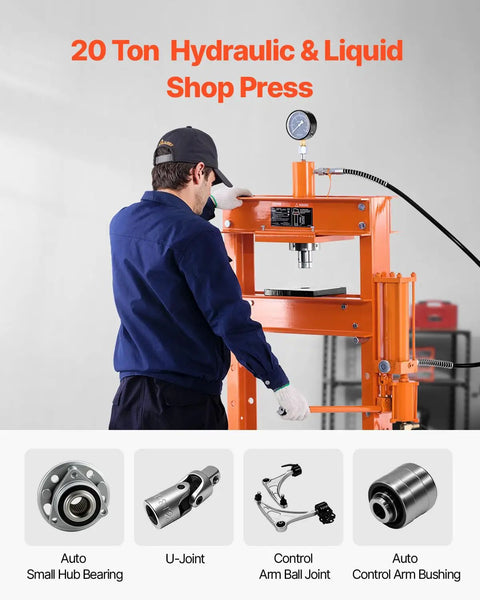 Hustle With This Bad Boy: Vevor 20 Ton Hydraulic Shop Press in use, featuring adjustable press plate and automotive parts.