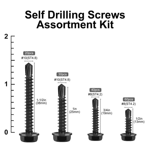 Self Drilling Screws Assortment Kit 150 Pieces For DIY Projects In 410 Stainless Steel Black Zinc Plated Hex Washer Head Screws