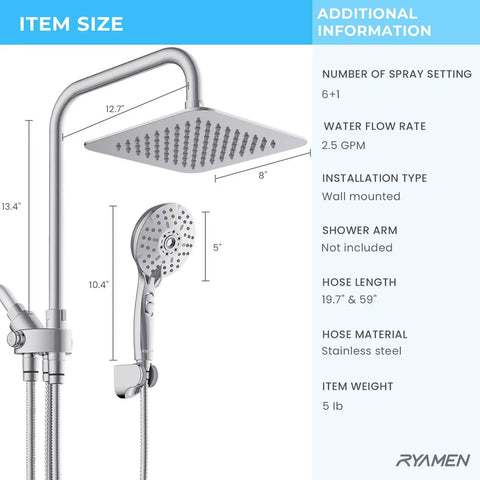 Dual Shower Head System With 8 Inch Rain Shower Head And Handheld Showerhead, High Pressure Water Flow, Height Adjustable, Chrome