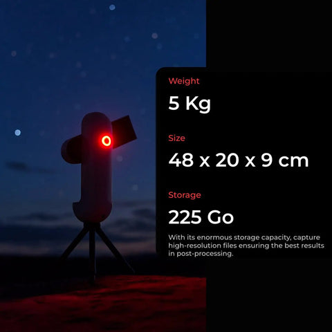 Vespera Pro Smart Telescope With Observation Station shown at night with size, weight, and storage details highlighted.