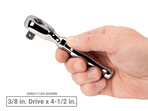 Stubby Quick-Release Ratchet Set With 1/4 Inch And 3/8 Inch Drives, 2-Piece, 3-Inch And 4.5-Inch Lengths, 90-Tooth Gear, hand holding
