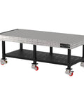Pro Shop Heavy Duty Welding Fixture Table With Precision Laser Cut Grid Powder Coated Steel Frame Six Rolling Caster Wheels And Bottom Storage Rack For Makers side view with caster wheels and storage space.