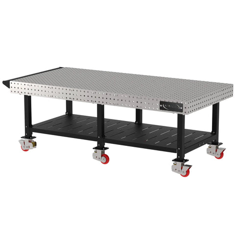 Pro Shop Heavy Duty Welding Fixture Table With Precision Laser Cut Grid Powder Coated Steel Frame Six Rolling Caster Wheels And Bottom Storage Rack For Makers side view with caster wheels and storage space.