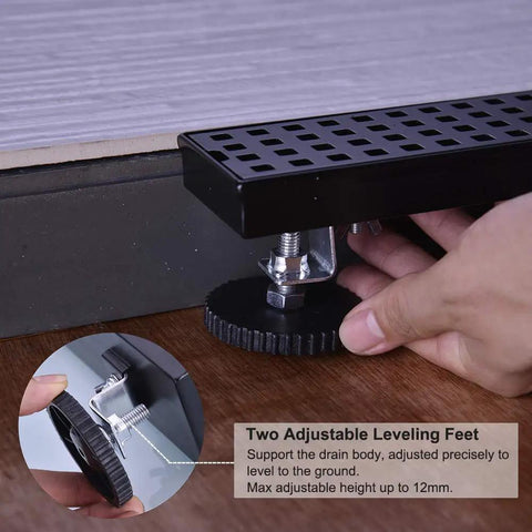 Adjusting feet on Linear Shower Drain 24 Inch For Bathroom With Removable Cover Grid Grate Stainless Steel SUS304 Black Finish.