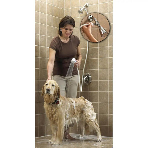 Snap N Spray Quick Connect Detachable Shower Hose With On Off Sprayer 6 Foot Flexible Hose used to wash a dog in shower