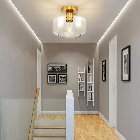 Industrial Semi Flush Mount Light With Vintage Glass Ceiling Fixture For Hallways And Dining Rooms Close To Ceiling Farmhouse Style Dimmable E26 Socket 60W Max Perfect Entryway Cafe Bar Ambience installed in modern hallway