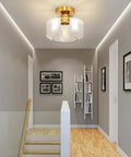 Industrial Semi Flush Mount Ceiling Light With Clear Seeded Glass Shade 3 Light Pendant Fixture For Hallway Kitchen Entryway Bedroom Dope Vintage Vibe 9.64 Inch Close To Ceiling Lamp installed in a modern hallway space.