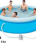 Family Friendly 10 Foot Above Ground Inflatable Pool With Filter Pump And Air Pump Easy Set Round Backyard Splash Spot For Adults And Kids Includes Chlorinator And Repair Kit For Quick Summer Fun with people swimming inside.