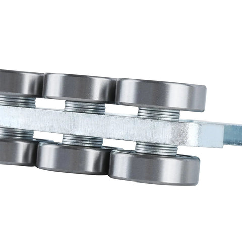 Side view of Eight Wheel Trolley Assembly Rollers For Strut Channel Trolley Fits One Five Eighths Inch Wide And Taller Unistrut Rubber Sealed Bearings