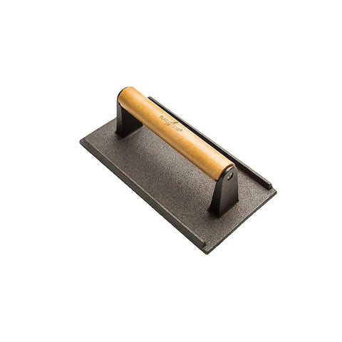 Cast iron bacon press from Outdoor Griddle Breakfast Prep Kit with wooden handle on white background.