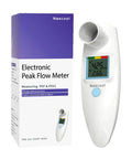 Electronic Peak Flow Meter with packaging, displays PEF and FEV1 readings, for asthma control in adults and kids, no calibration needed.