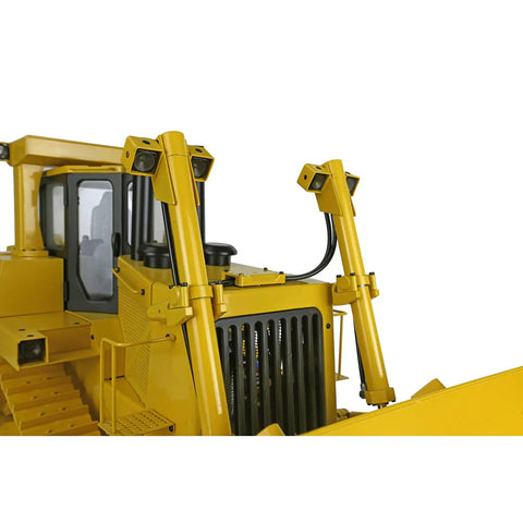 Close-up of Scale 1 To 14 DXR2 Metal RC Hydraulic Bulldozer With Realistic Sound Module showing cabin and hydraulic pistons.