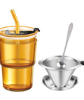 Single Serve Immersion Coffee Maker With Glass Pour Over Dripper And Reusable Stainless Steel Filter Manual Brew On The Go Coffee Maker For Home Office Travel 380ml Cup shown with spoon and filter.