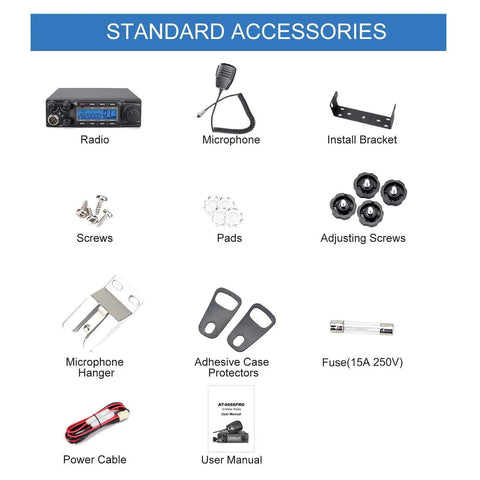 Standard accessories for Heavy Duty 80W Ham Radio For Truckers And Road Warriors, including microphone, power cable, and more.