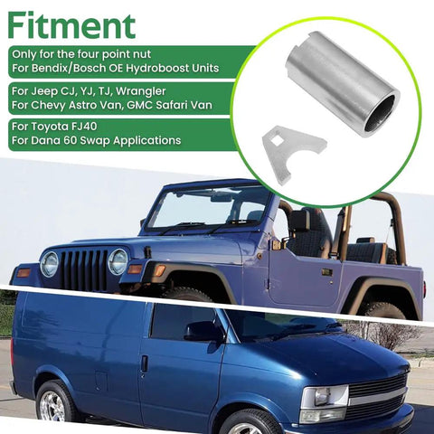 Heavy Duty Hydroboost Socket Kit For Knocking Out Big Four Point Nuts, metal tool and Jeep Wrangler vehicles for fitment.