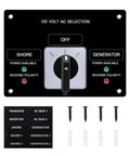 AC Rotary Selector Switch Panel For Boats And Yachts 120V 30A Marine Shore Power Transfer Switch With Break Before Make Two Position Reverse Polarity LED Indicator, front view with included screws and labels.