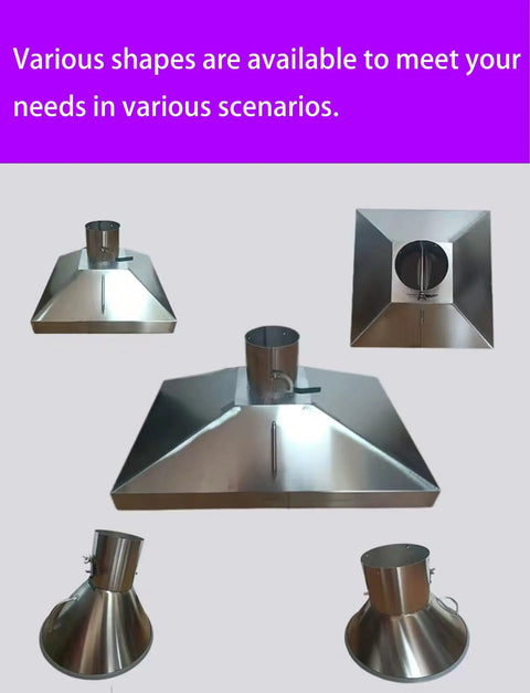 Heavy Duty Stainless Steel Fume Extraction Hood For Welding Cutting Dust Capture Industrial Air Filtration System Built Tough Smooth Airflow Design, various shapes displayed.