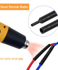 Heat Shrink Tubing Kit With 355 Pieces In 9 Sizes 3 To 1 Dual Wall Adhesive Lined Pro Grade Waterproof Marine Wire Wrap Tubing Black 3.15 Inch Length DIY Ready For Auto And Marine Electrical Wiring being applied with heat gun.