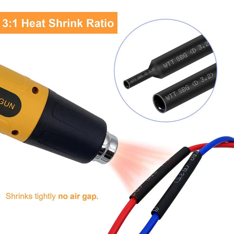Heat Shrink Tubing Kit With 355 Pieces In 9 Sizes 3 To 1 Dual Wall Adhesive Lined Pro Grade Waterproof Marine Wire Wrap Tubing Black 3.15 Inch Length DIY Ready For Auto And Marine Electrical Wiring being applied with heat gun.