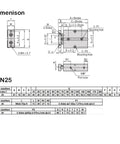 Compact Twin Rod Pneumatic Air Cylinder TN25 Series 25mm Bore dimension schematic in millimeters with mounting details.
