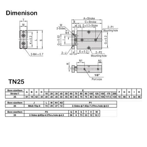 Compact Twin Rod Pneumatic Air Cylinder TN25 Series 25mm Bore dimension schematic in millimeters with mounting details.