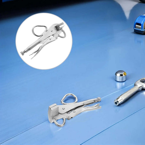 Adjustable Auto Body Sheet Metal Clamp Tool With Wide Flat Duckbill Jaws on blue surface, shown in detail with locking mechanism for secure grip.