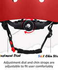 Close-up of Adjustable Kids Bike Helmet For Toddlers To Teens, red with adjustment dial and soft chin straps for secure fit.