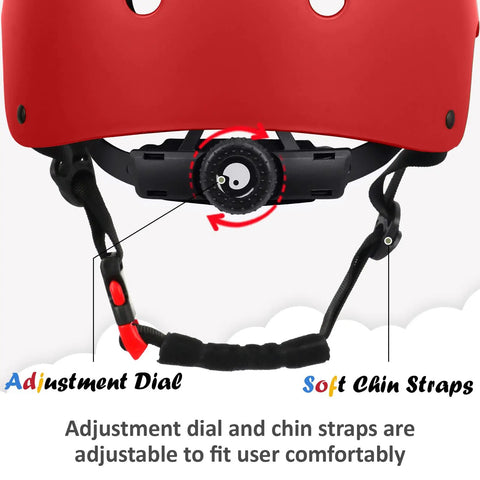 Close-up of Adjustable Kids Bike Helmet For Toddlers To Teens, red with adjustment dial and soft chin straps for secure fit.