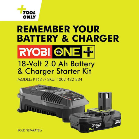 Image of Ryobi 18V One+ 2.0 Ah battery and charger starter kit, model P163, shown with reminder text 'Battery & Charger Sold Separately.'
