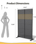Six Panel Outdoor Privacy Screen Set dimensions 72 inches high by 45 inches wide with freestanding stand shown next to person for scale
