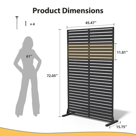 Six Panel Outdoor Privacy Screen Set dimensions 72 inches high by 45 inches wide with freestanding stand shown next to person for scale