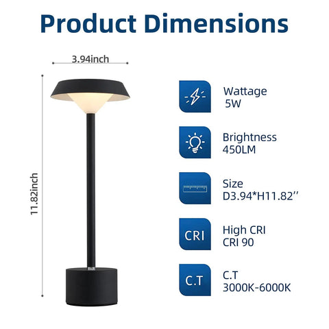 Cordless LED Table Lamp With Rechargeable Battery Dimmable Color Mixing And Touch Control Desk Light dimensions and specs
