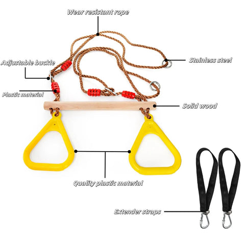 16 Inch Wooden Trapeze Bar With Rings For Swing Sets Adjustable Height From 39 To 67 Inches with ropes and attachments
