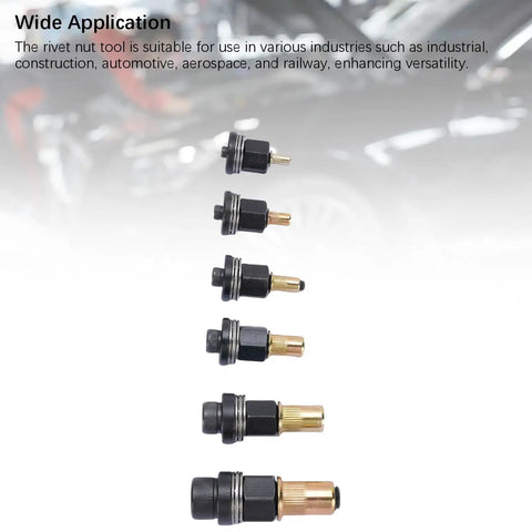 Built Tough Hand Rivet Nut Tool Set With M3 M4 M5 M6 M8 M10 Sizes, various sizes of rivet nuts for automotive and construction use.