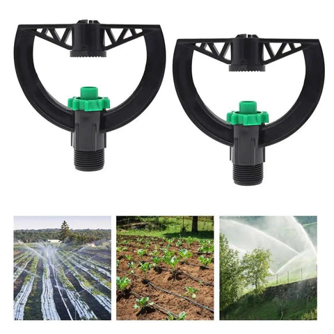 2 Pack 6 Nozzle Center Pivot Sprinkler System For Low Pressure Irrigation shown with garden watering examples