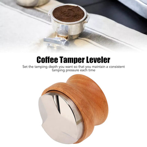 53mm Stainless Steel Coffee Distributor And Espresso Tamper Featuring Quick Depth Adjustment And Comfort Contoured Beech Handle Pro Barista Game Changer for smooth pulls daily on a surface with coffee grounds.