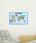 World Map Poster Set 2-Pack For Classroom And Home Learning, 19.68 By 13.77 Inches, map displayed above a couch in a room.