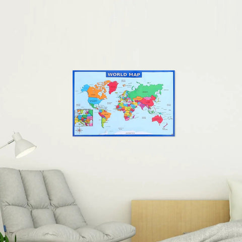 World Map Poster Set 2-Pack For Classroom And Home Learning, 19.68 By 13.77 Inches, map displayed above a couch in a room.