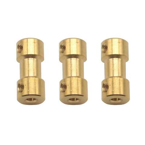 Three brass motor shaft couplers with set-screw holes, 3.17mm to 3.17mm, RC hobby