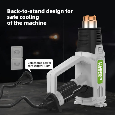 Hot Air Gun With LCD Display And Adjustable Temperature From 50 C To 600 C on stand showing detachable power cord