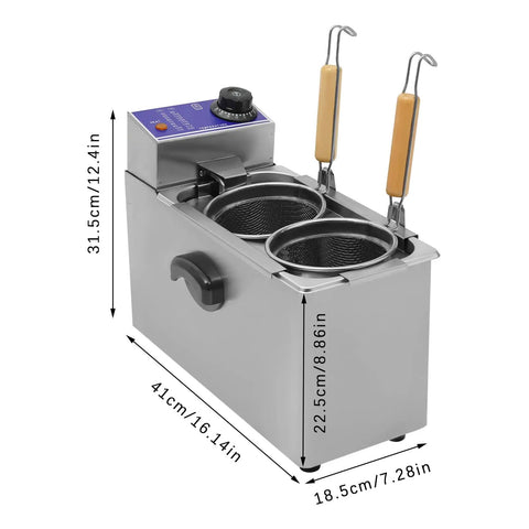 Two Hole Electric Noodle Cooker With Dual Baskets 110V 1200W Stainless Steel Pasta Cooker with measurements