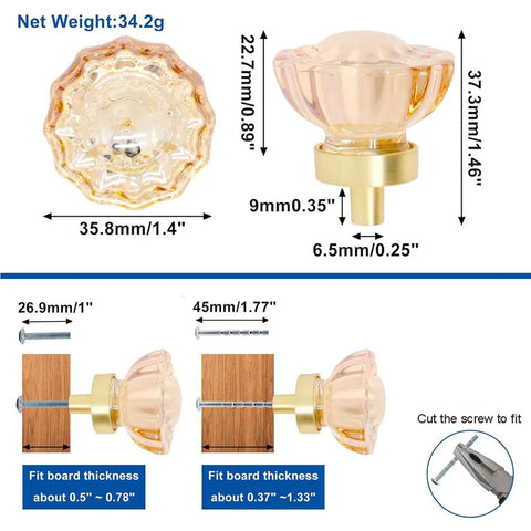 Crystal Glass Cabinet Knobs 10 Pack, 1.4 Inch Diameter With Brushed Gold Base, Champagne Crystal Drawer Knobs For Kitchen And Bathroom, Durable Zinc Alloy Hardware, Flower Design, measurement detail view, fit and size guide.