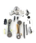 Premium Timing Chain Kit With Gears Plus Water Pump Replacement For 4.0L SOHC V6 Engines In Mazda And Mercury Cars Built Tough With Alloy To Last Miles Without Fail. timing chain kit with water pump and guides, alloy metal parts laid out on white