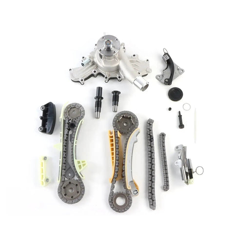 Premium Timing Chain Kit With Gears Plus Water Pump Replacement For 4.0L SOHC V6 Engines In Mazda And Mercury Cars Built Tough With Alloy To Last Miles Without Fail. timing chain kit with water pump and guides, alloy metal parts laid out on white